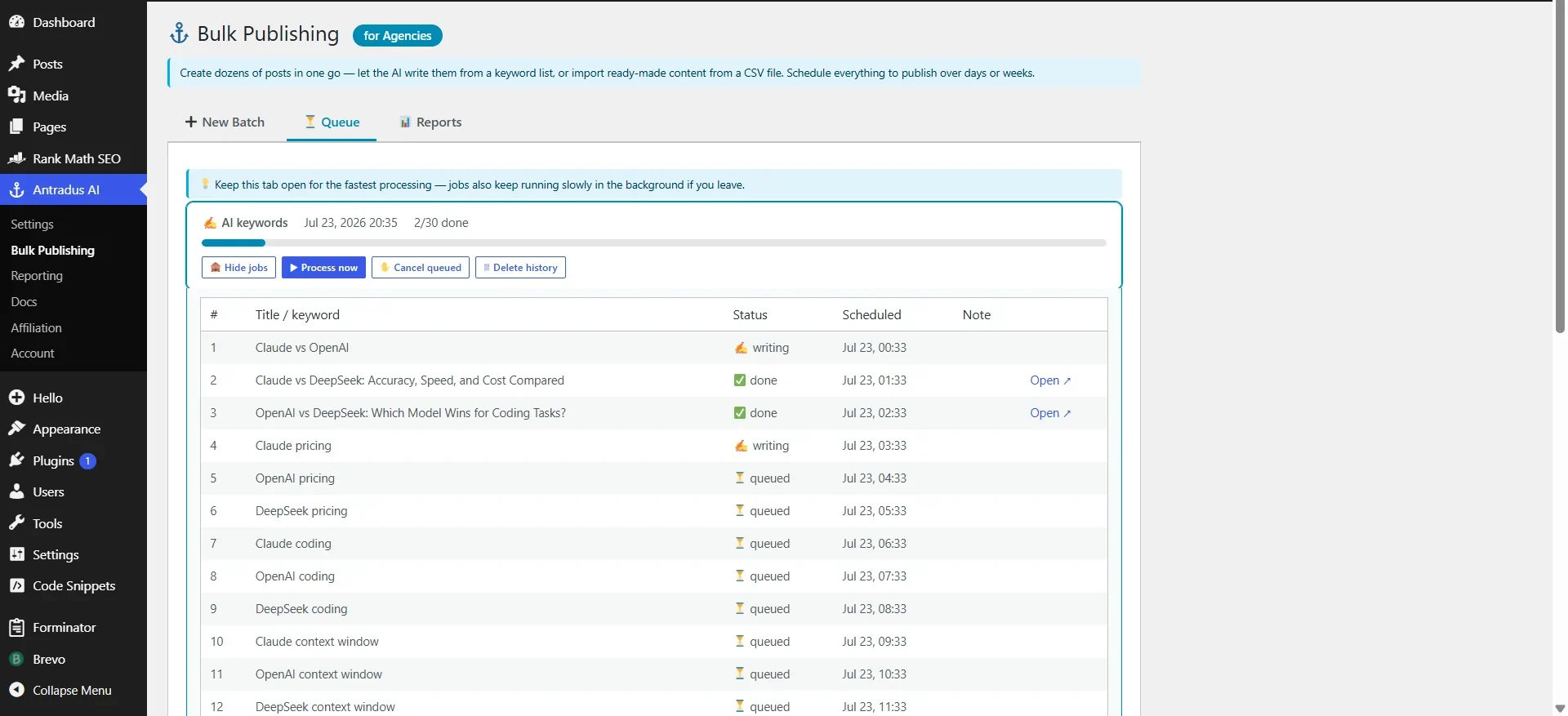 Antradus AI is generating 30 posts with their images, SEO and full content in bulk