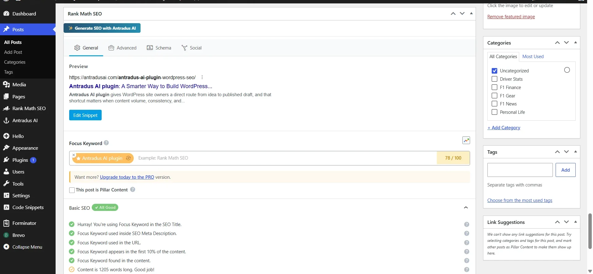 Antradus AI - full green results in Rankmath SEO