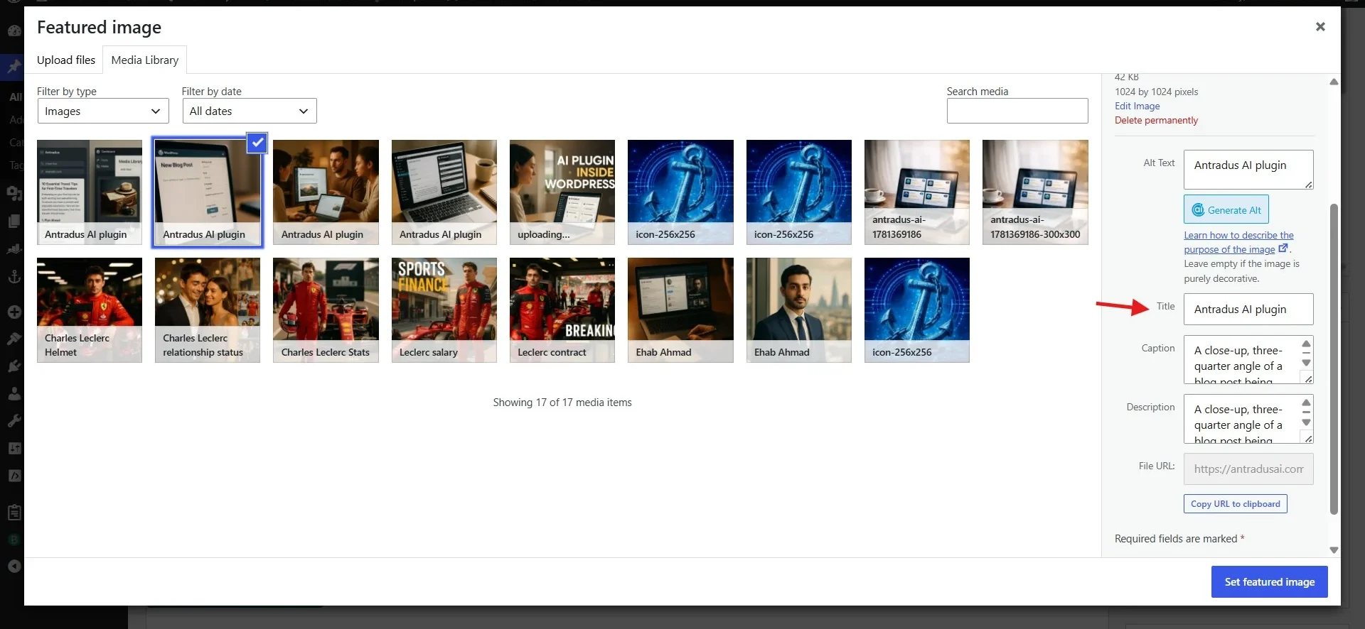 Antradus AI - gnerates images in the smallest size in a Webp format and fills in the tilte, caption, alt and descriptions