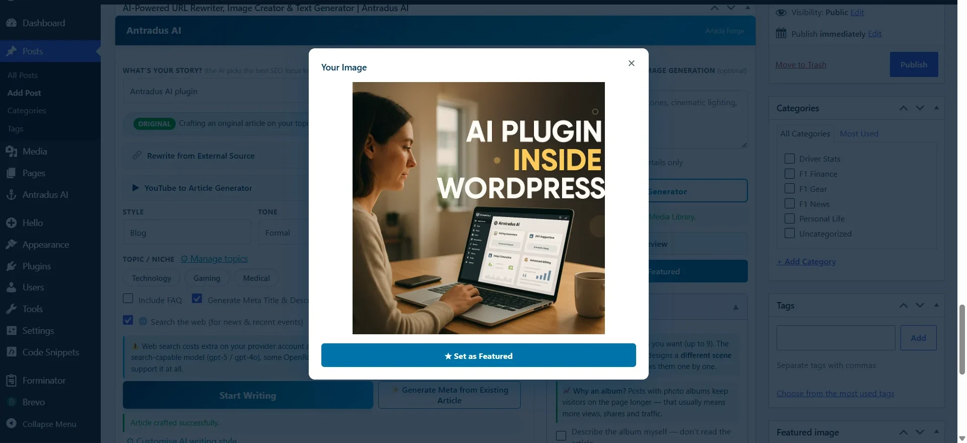 Antradus AI featured image generation in 1 click