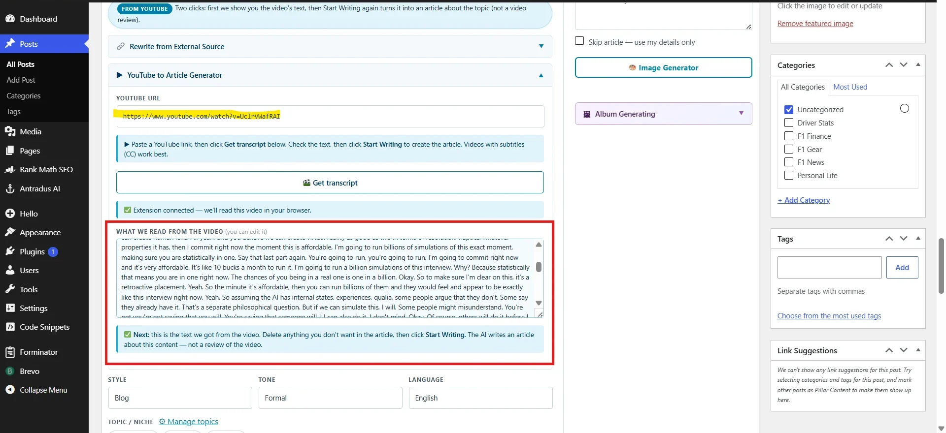 Antradus AI converted 1 hour and 27 minutes of The Dairy Of A CEO Youtube video into an article in 1 single click