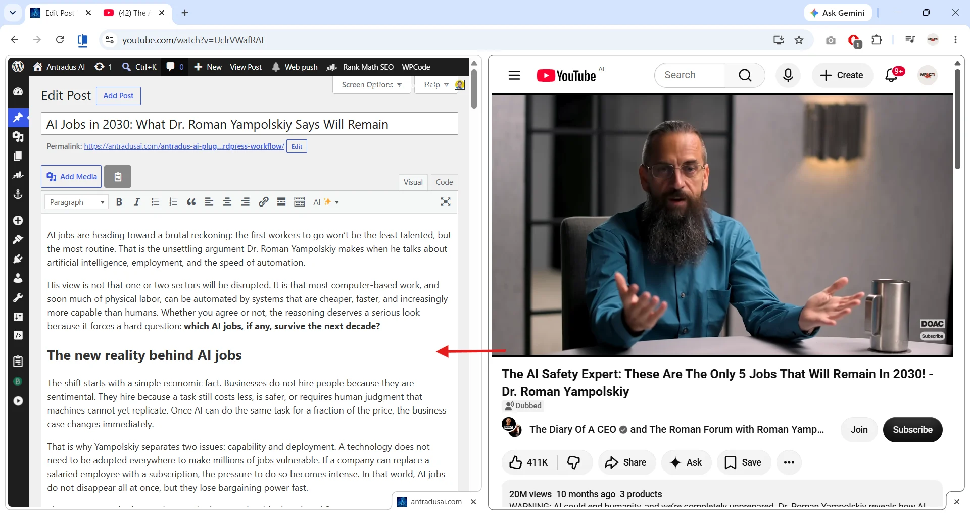 Antradus AI converted 1 hour and 27 minutes of The Dairy Of A CEO Youtube video into an article in 1 single click